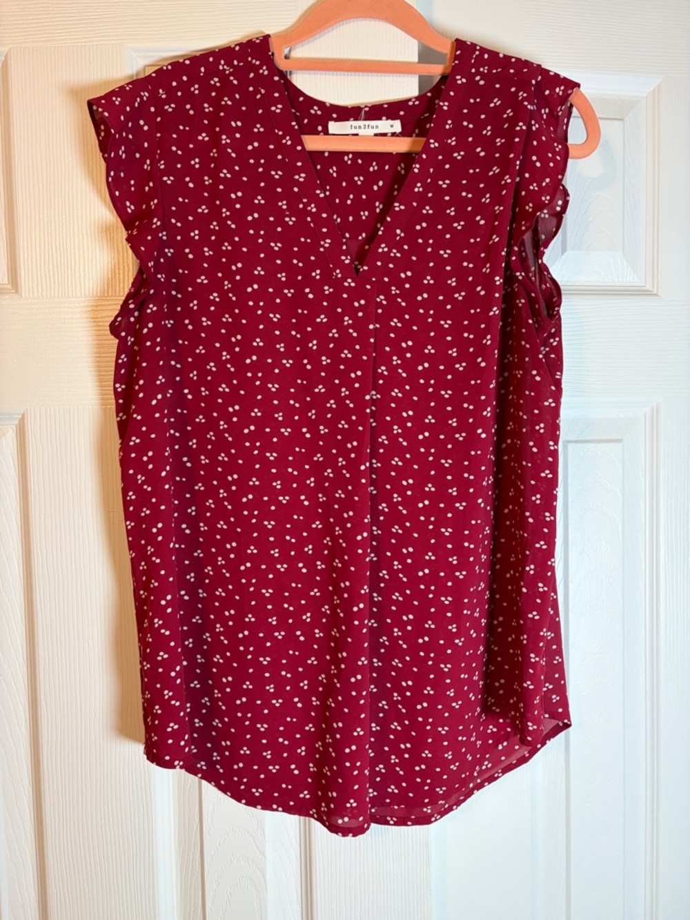 fun 2 fun Burgundy V-Neck Flutter Sleeve Dot Top